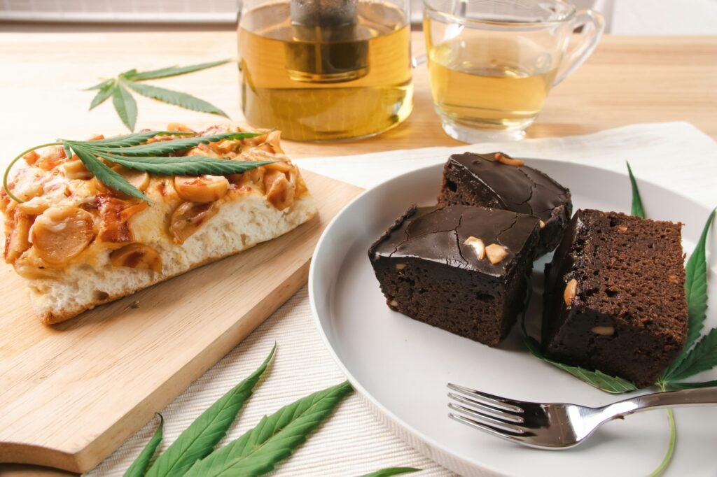 CBD Food and drink and cannabis leaves on the dining table. Alternative medicine concept.