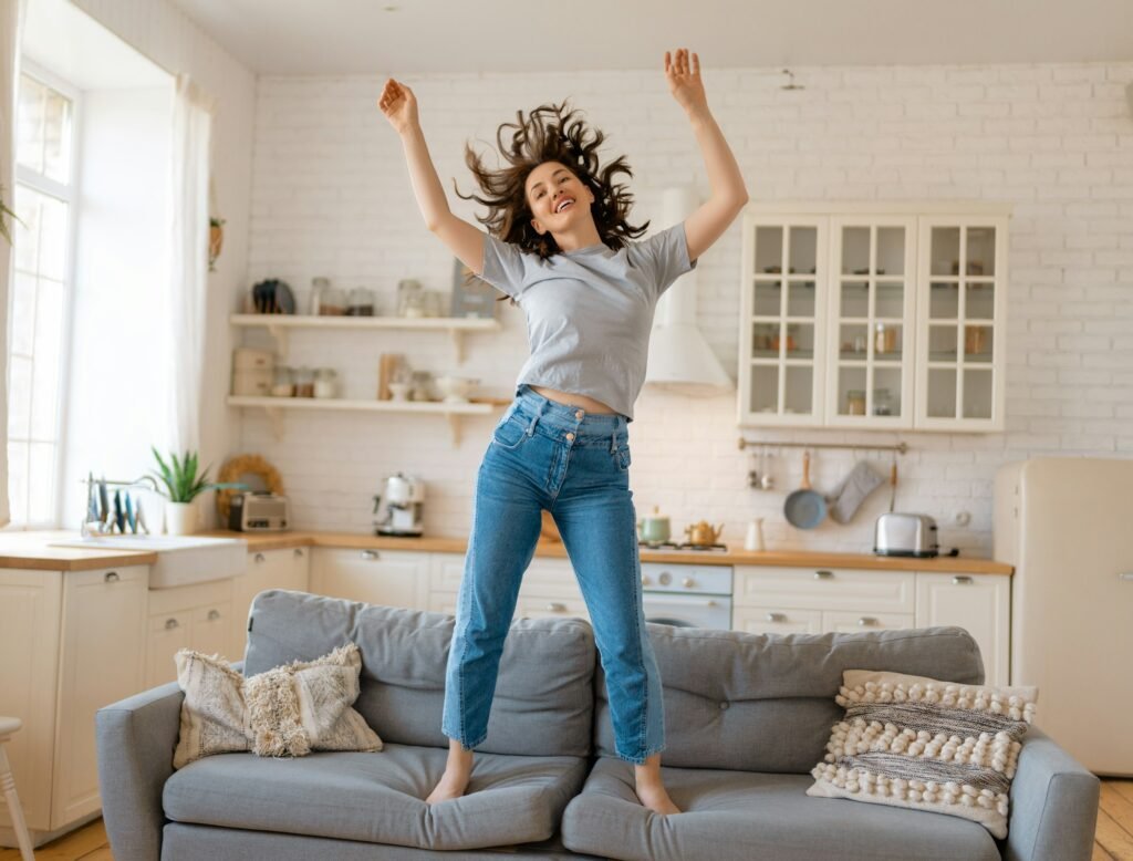 woman jumping on the sofa