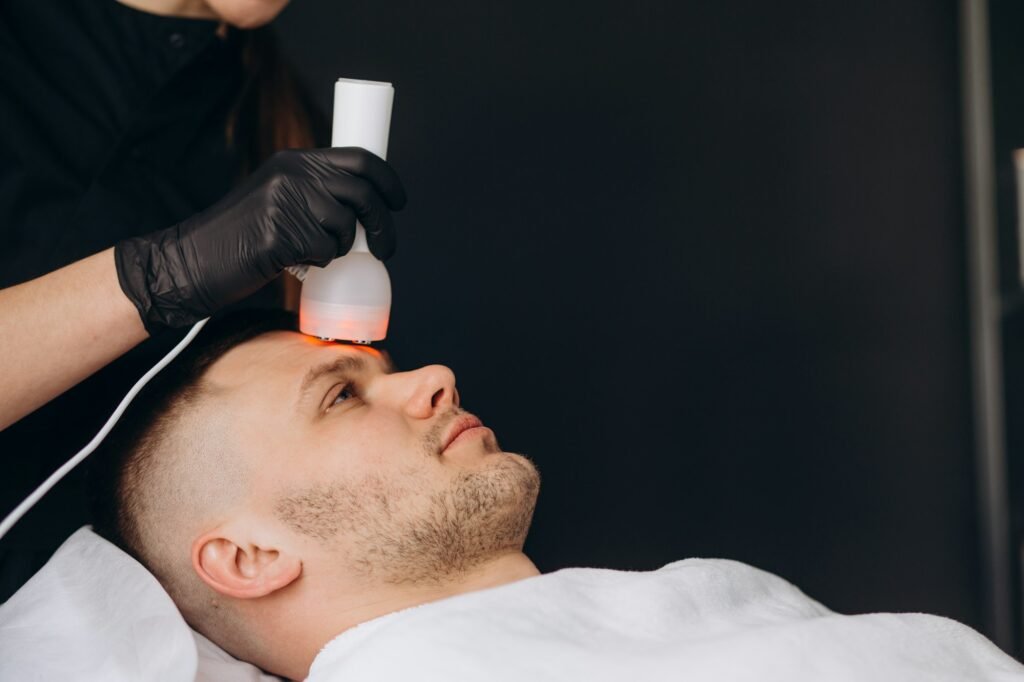 Young woman getting chromotherapy procedure for face skin rejuvenation