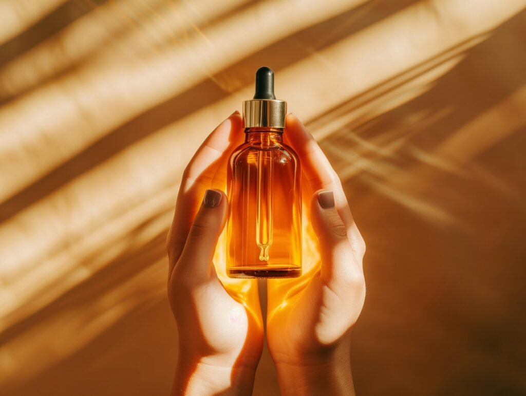 Close up of glass bottle with dropper lid mockup in female hands, cosmetic product serum