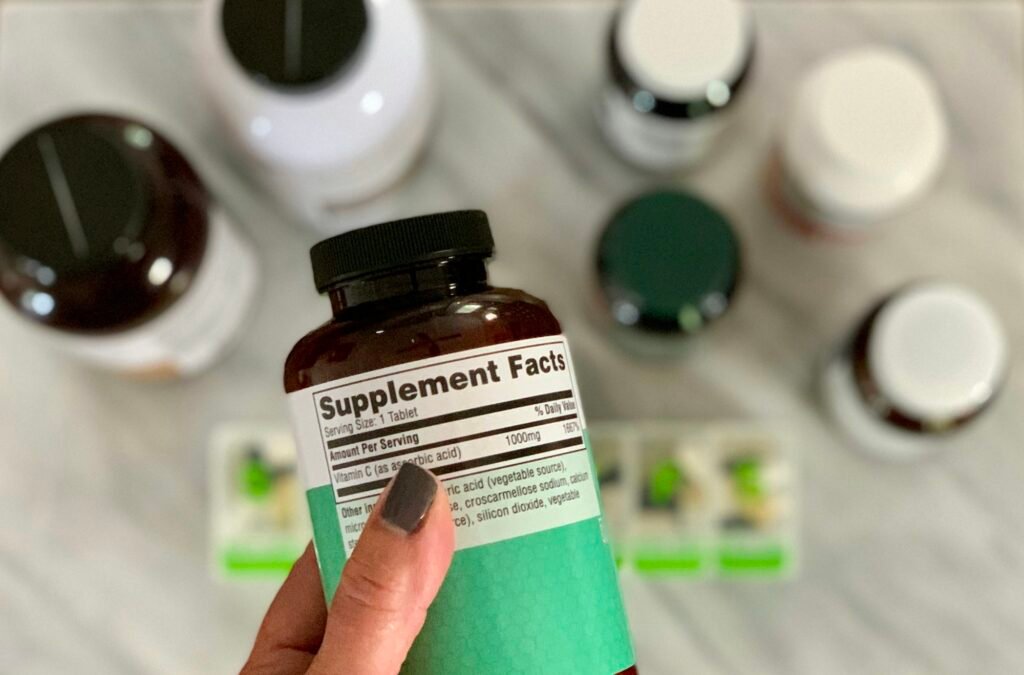 Reading the label on supplement pill bottle
