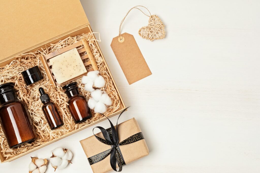 Self care package, seasonal gift box with plastic free organic cosmetics products