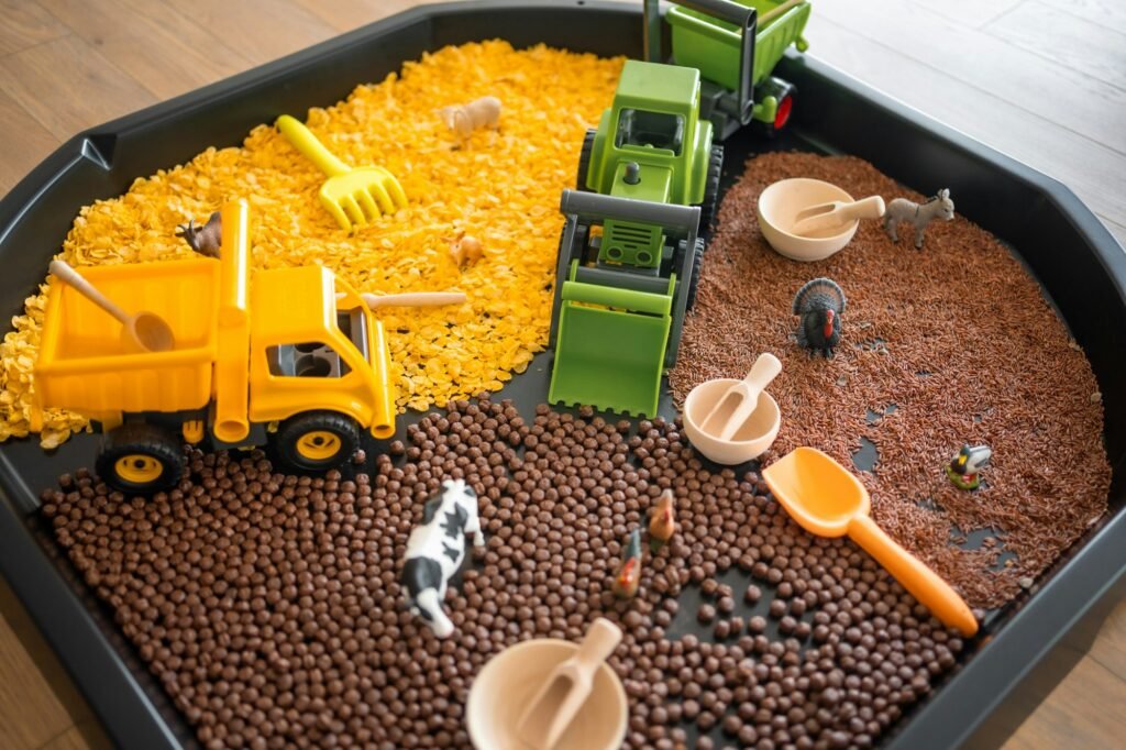 Sensory flakes like a sandbox for playing. Sensory development and experiences, themed activities