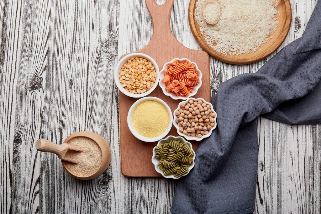 Set of healthy natural gluten free porridges and pasta for gluten free diet top view. Copy space.