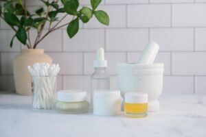 The beauty product or cosmetic skin care in the bathroom. Health and wellness concept.