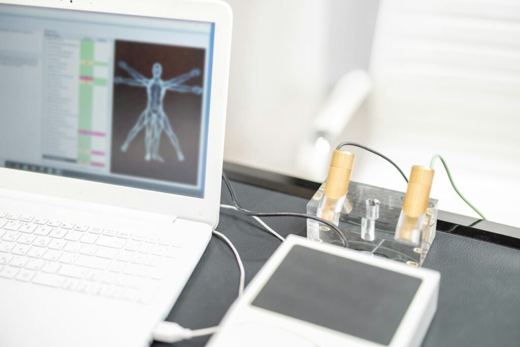 Bioenergetic testing device with brass handpieces in medical clinic